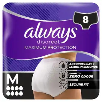 Tesco Always Discreet Maximum Protection Incontinence Pants M UK10-16 8 Pack offer