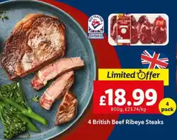 Lidl 4 British Beef Ribeye Steaks offer
