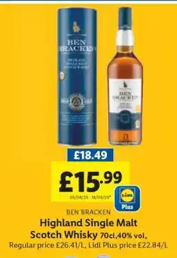 Lidl BEN BRACKEN Highland Single Malt Scotch Whisky offer