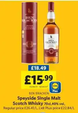 Lidl BEN BRACKEN Speyside Single Malt Scotch Whisky offer