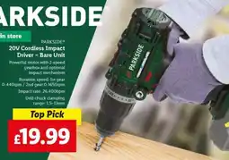 Lidl Parkside 20V Cordless Impact Driver - Bare Unit offer