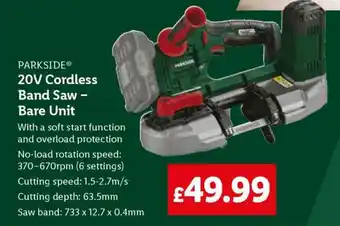 Lidl PARKSIDE 20V Cordless Band Saw – Bare Unit offer