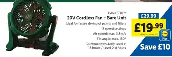 Lidl PARKSIDE 20V Cordless Fan – Bare Unit offer