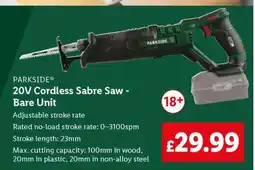 Lidl PARKSIDE 20V Cordless Sabre Saw - Bare Unit offer