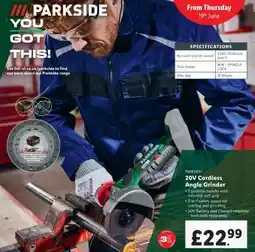 Lidl PARKSIDE 20V Cordless Angle Grinder offer