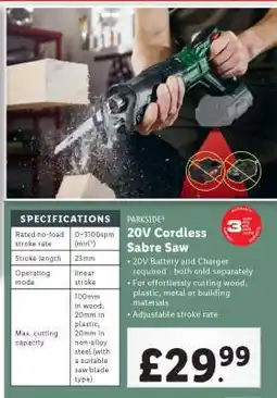 Lidl PARKSIDE 20V Cordless Sabre Saw offer