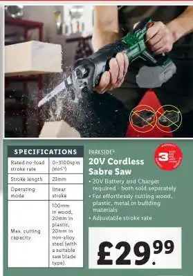 Lidl PARKSIDE 20V Cordless Sabre Saw offer