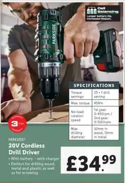 Lidl PARKSIDE 20V Cordless Drill Driver offer