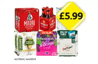 Londis Madri, Estrella, Peroni, Stella Artois Unfiltered, Thatcher's Apple & Blackcurrant, San Miguel offer