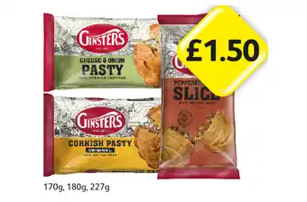 Londis Ginsters Cheese & Onion Pasty, Cornish, Peppered Steak Slice offer