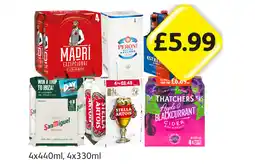 Londis Madri, Peroni, Estrella Barcelona, San Miguel, Stella Artois, Thatcher's Apple & Blackcurrant offer