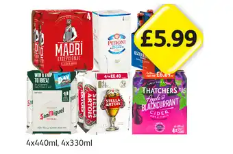 Londis Madri, Peroni, Estrella Barcelona, San Miguel, Stella Artois, Thatcher's Apple & Blackcurrant offer