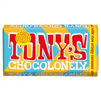 Tesco Tonys Chocolonely Milk Chocolate Rice Crisp Caramel 180g offer