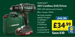 Lidl PARKSIDE 20V Cordless Drill Driver offer