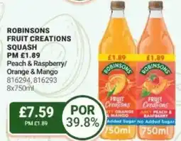 Bestway ROBINSONS Fruit creations squash Peach & Raspberry/ Orange & Mango offer