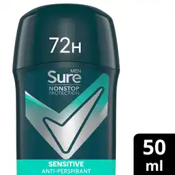 Tesco Sure Men Nonstop Protection 72h Sensitive Antiperspirant Deodorant Stick 50ml offer