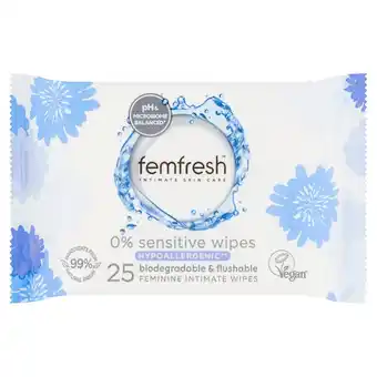 Tesco Femfresh 0% Sensitive Wipes 25 Pack offer
