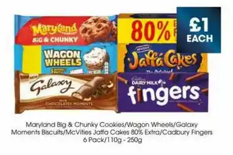 Centra Maryland Big & Chunky Cookies Wagon Wheels Galaxy Moments Biscuits Mcvities Jaffa Cakes 80% Extra Cadbury Fingers 6 Pack offer