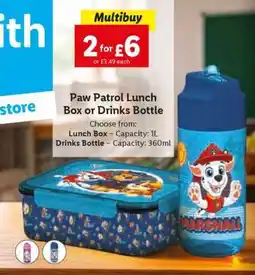 Lidl Paw Patrol Lunch Box or Drinks Bottle offer
