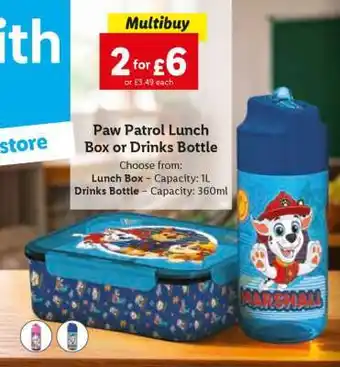 Lidl Paw Patrol Lunch Box or Drinks Bottle offer