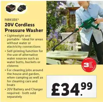 Lidl PARKSIDE 20V Cordless Pressure Washer offer