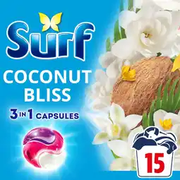 Tesco Surf 3 In 1 Coconut Bliss Washing Capsules 15 Washes 259.5g offer