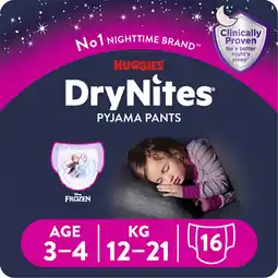 Tesco Huggies Drynites Pyjama Pants Girl 3-4 Years 16 Pack offer