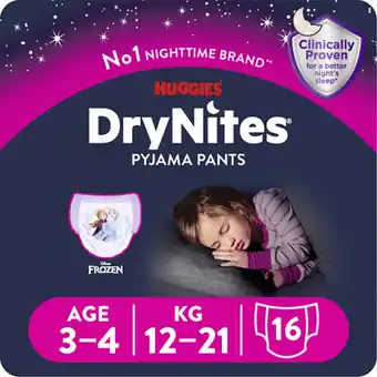 Tesco Huggies Drynites Pyjama Pants Girl 3-4 Years 16 Pack offer