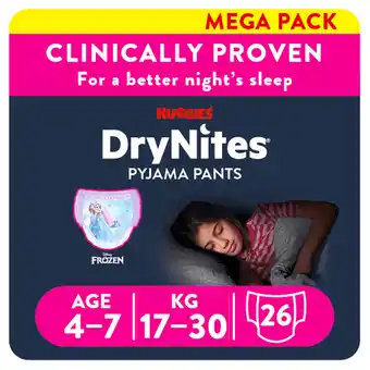 Tesco Huggies Drynites Pyjama Pants Girl 4-7 Years 26 Pack offer