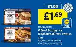 Lidl BRAEMOOR 6 Beef Burgers or 6 Breakfast Pork Patties offer