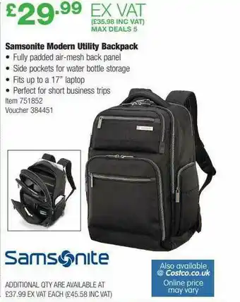 Costco Samsonite Modern Utility Backpack offer