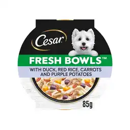 Tesco CESAR Dog Food Fresh bowls with Duck Red Rice Carrots and Purple Potatoes 85g offer