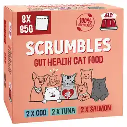 Tesco Scrumbles Grain Free Wet Cat Food Fish Selection Jelly Recyclable Pouch 8x85g offer