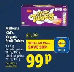 Lidl Milbona Kid's Yogurt Fruit Tubes offer