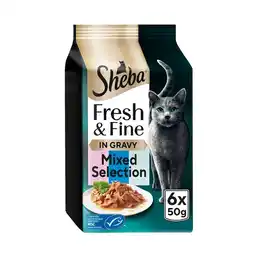 Tesco SHEBA Fresh & Fine Wet Cat Food Pouches with Salmon & Tuna & Trout in Gravy 6x50g offer