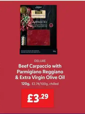 Lidl Deluxe Beef Carpaccio With Parmigiano Reggiano & Extra Virgin Olive Oil offer