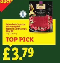Lidl Deluxe Beef Carpaccio with Parmigiano Reggiano & Extra Virgin Olive Oil offer