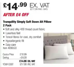 Costco Tranquility Simply Soft Down Alt Pillow offer