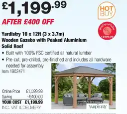 Costco Yardistry 10 x 12ft (3 x 3.7m) Wooden Gazebo with Peaked Aluminium Solid Roof offer