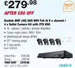 Costco Reolink 8MP (4K) UHD NVR POE Al 8 x channel / 4 x Bullet Camera Kit with 2TB HDD offer