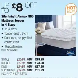 Costco Silentnight Airmax 800 Mattress Topper in 4 Sizes offer