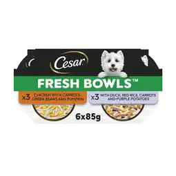 Tesco CESAR Dog Food Fresh Bowls mixed selection of Poultry and Fresh Vegetables 6 x 85g offer