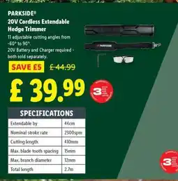 Lidl PARKSIDE 20V Cordless Extendable Hedge Trimmer offer