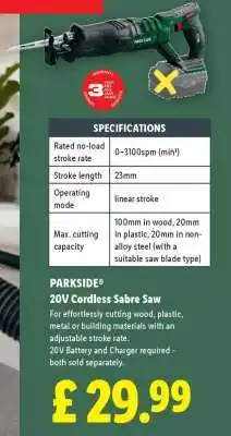 Lidl PARKSIDE 20V Cordless Sabre Saw offer