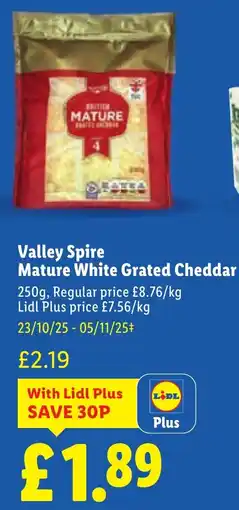 Lidl Valley Spire Mature White Grated Cheddar offer