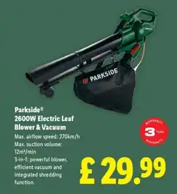 Lidl PARKSIDE 2600W Electric Leaf Blower & Vacuum offer