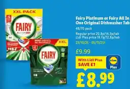 Lidl Fairy Platinum or Fairy All In One Original Dishwasher Tab offer