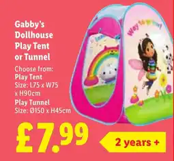 Lidl Gabby's Dollhouse Play Tent or Tunnel offer