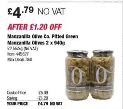 Costco Manzanilla Olive Co. Pitted Green Manzanilla Olives 2 x 940g offer