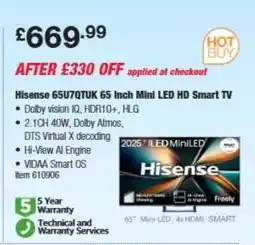 Costco Hisense 65U7QTUK 65 Inch Mini LED HD Smart TV offer